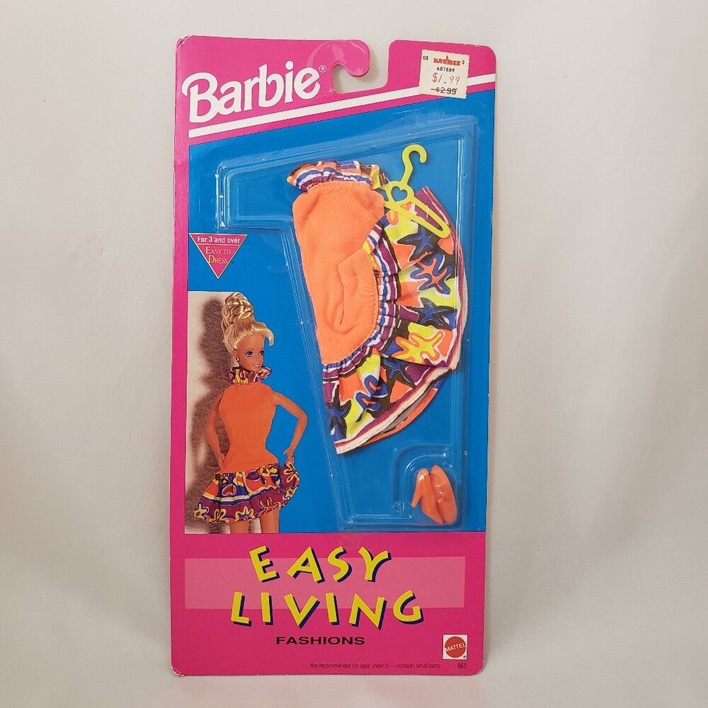 1992 Barbie Easy Living Fashions Neon Orange Ruffle Abstract Print Dress 860